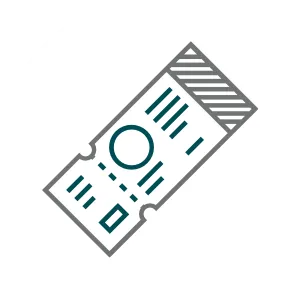 Icon of a ticket with text and lines on a white round background.