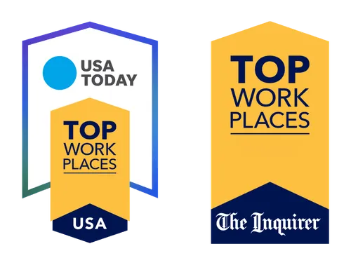 Two Top Work Places awards: USA Today and The Inquirer logos on yellow banners.