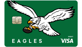 Green VISA debit card with an eagle in flight and the word EAGLES beneath it.