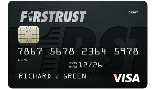 Firstrust debit card with chip, card number, expiration date, cardholder name, and Visa logo.