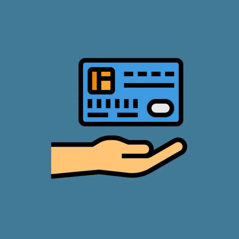 Illustration of a hand holding a blue credit or debit card on a blue background.