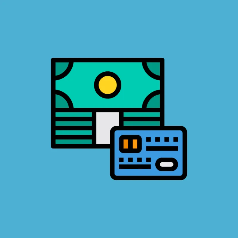 Illustration of stacked money bills and a credit card on a blue background.