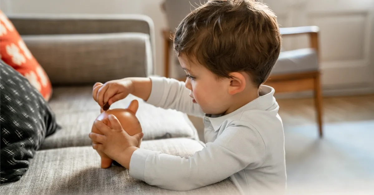 Young boy in white shirt placing a coin into a piggy bank on a gray couch.