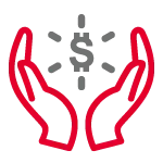 Two red hands protect a glowing gray dollar sign symbolizing financial security.