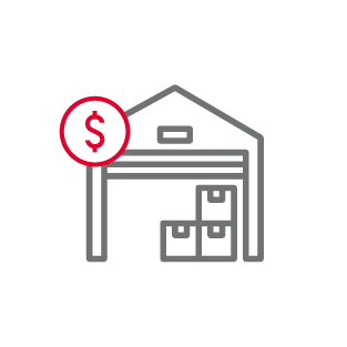 Warehouse with stacked boxes and a red dollar sign indicating financial or bridge loans.