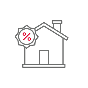 Gray outline of a house with a red percentage sign inside the roof area.
