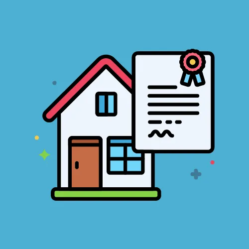 Illustration of a house with a certificate displaying a ribbon on a blue background.