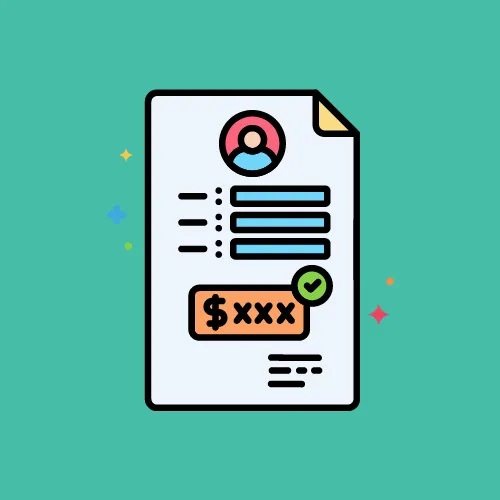 Cartoon document icon with profile, dollar amount, and check mark on teal background.