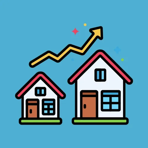 Two houses, one smaller, one larger, with an upward trending arrow above them on blue background.