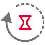 Red hourglass icon with a gray circular arrow around it indicating time or waiting.