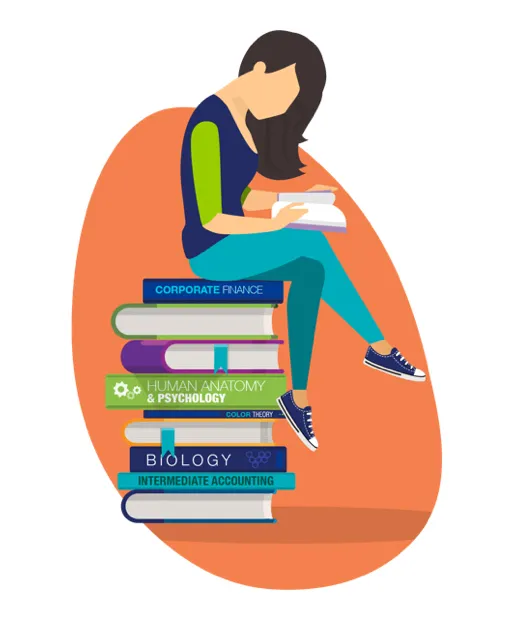 Woman sitting on stacked books reading, with titles like Corporate Finance and Biology visible.