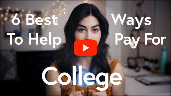 A woman looks forward with text saying '6 Best Ways To Help Pay For College' overlaid.