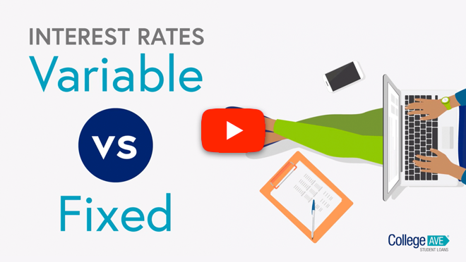 Illustration with text 'Interest Rates Variable vs Fixed' and person typing on laptop with phone and clipboard nearby.