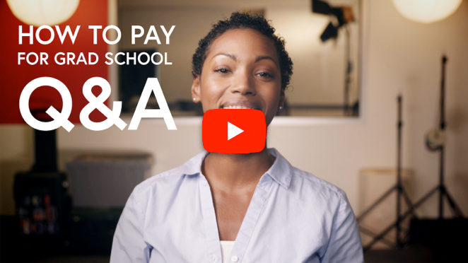Woman smiling in a video titled 'How to Pay for Grad School Q&A' with play button in center.