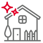 Simplified house icon with tree, fence, and red sparkle shapes indicating cleanliness or newness.