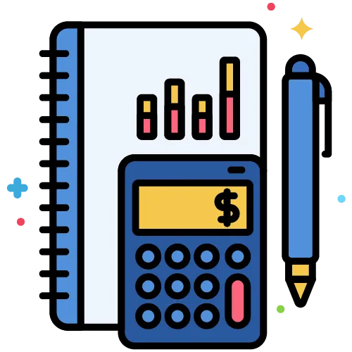 Calculator with a dollar sign display, notebook with bar charts, and a blue pen nearby.