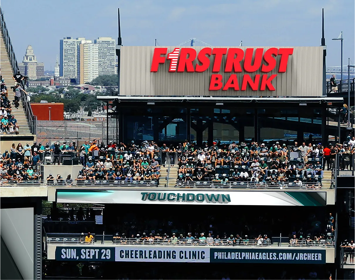 Firstrust Bank signage atop Lincoln Financial Field, which is the home stadium of the NFL's Philadelphia Eagles.