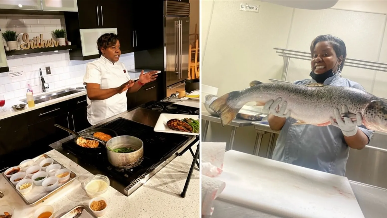 Chef cooking salmon and green beans in kitchen and holding a large fish with gloves in prep area.