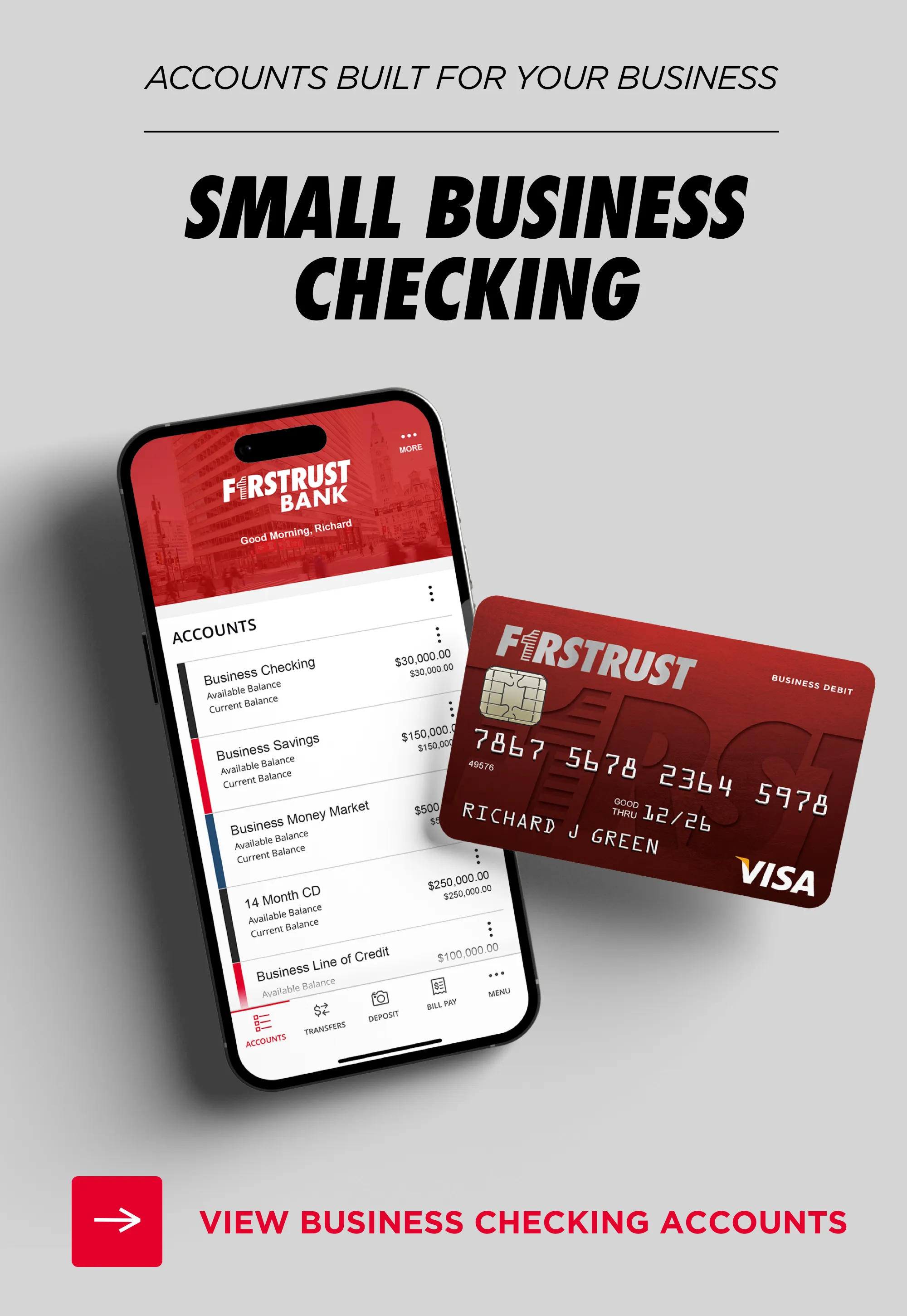 Phone showing First Trust Bank app with business accounts and a red First Trust Visa debit card.