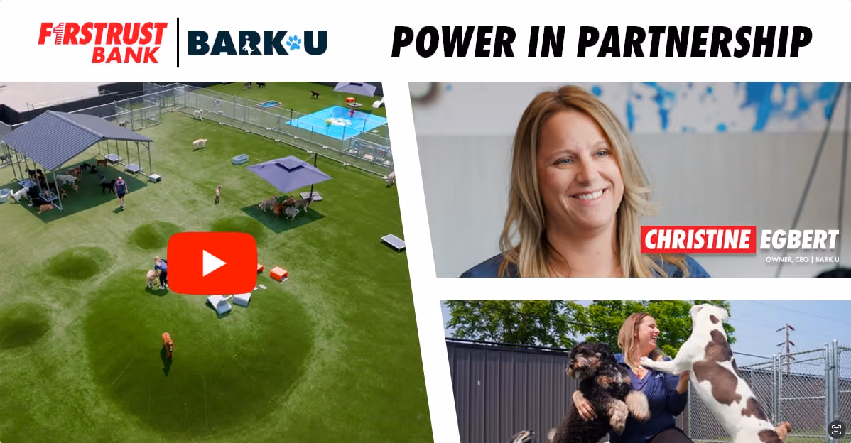 Collage of dog park aerial, smiling woman labeled Christine Egbert, and her playing with two dogs outdoors.