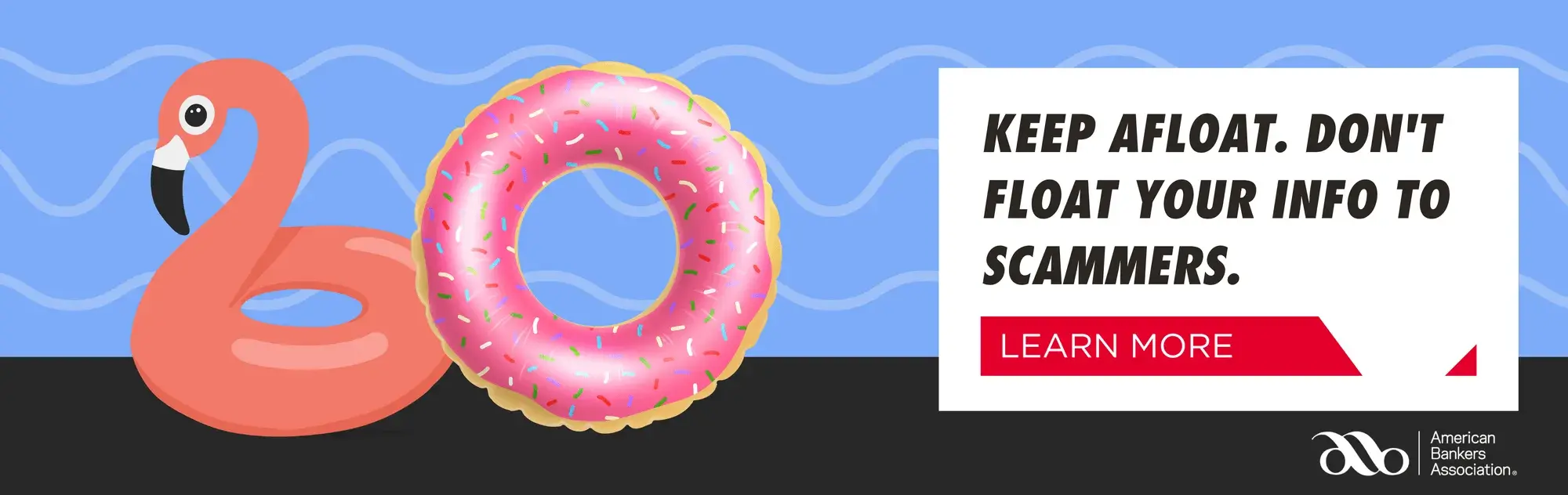 Inflatable flamingo and donut float in water with text warning against sharing info with scammers.