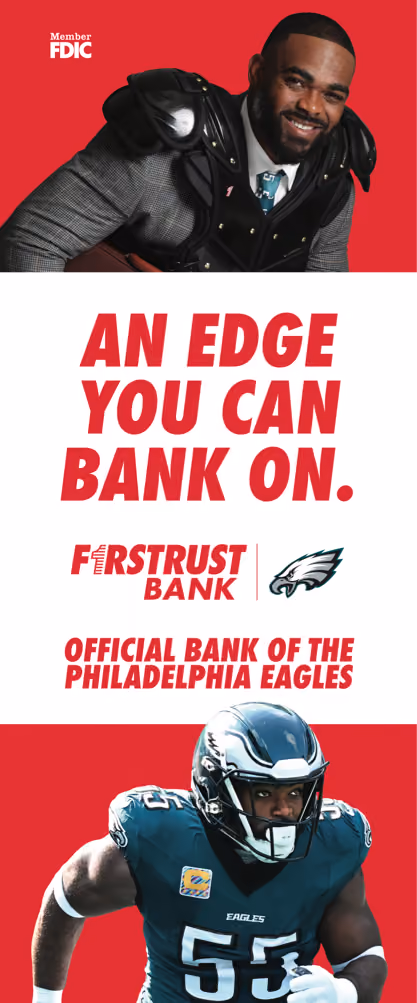 First Trust Bank ad with football player in gear and Philadelphia Eagles player in uniform number 55.