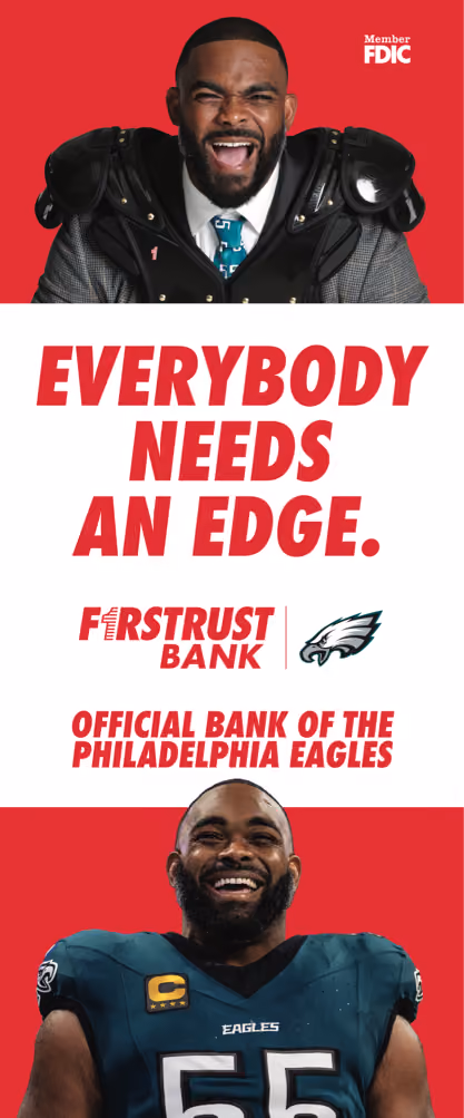 Two images of a smiling football player with text promoting First Trust Bank as Philadelphia Eagles' official bank.