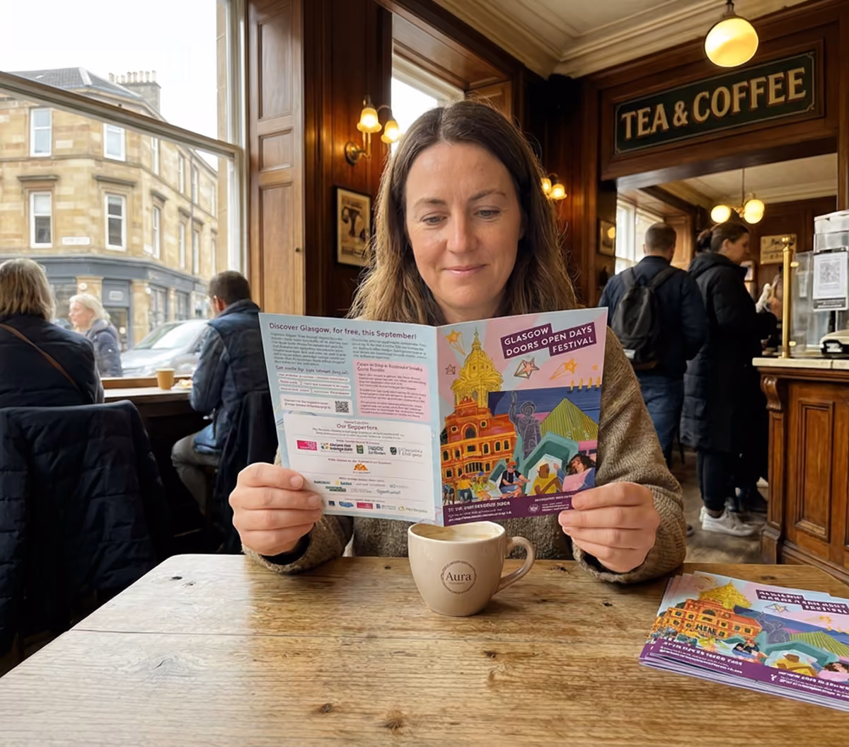 Woman reading a Glasgow Doors Open Days Festival leaflet in a café.