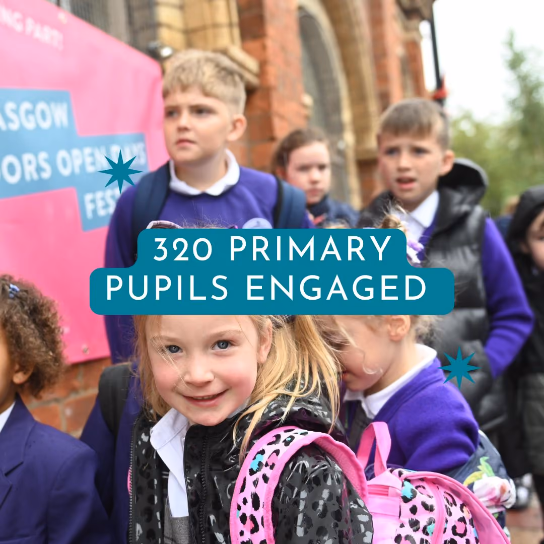 Primary school pupils gathered outside during an educational community event.