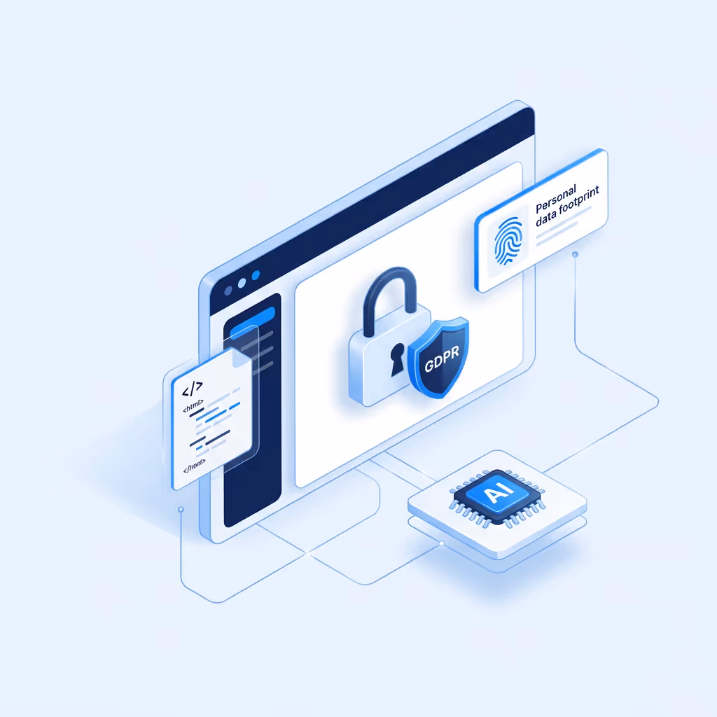 Illustration d'interface sécurisée avec cadenas, bouclier GDPR, code HTML, IA et empreinte digitale.