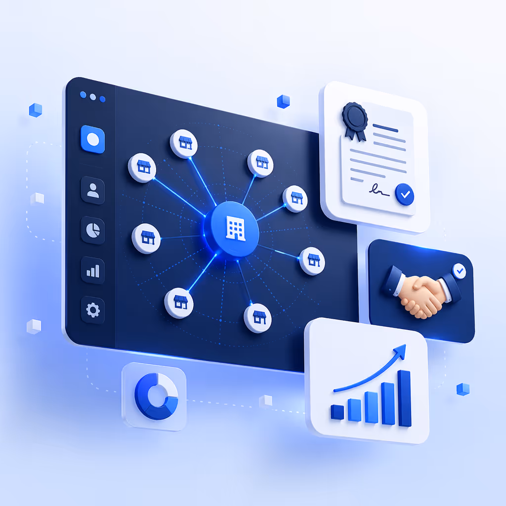 Interface 3D montrant une gestion de réseau d'agences, contrat signé, accord et graphique de croissance.
