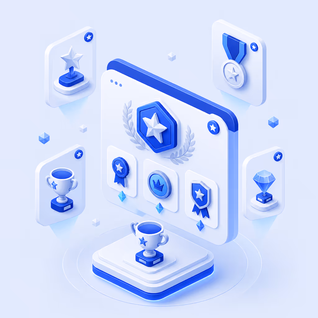 Illustration 3D d'une interface numérique avec trophées, médailles et récompenses bleues.