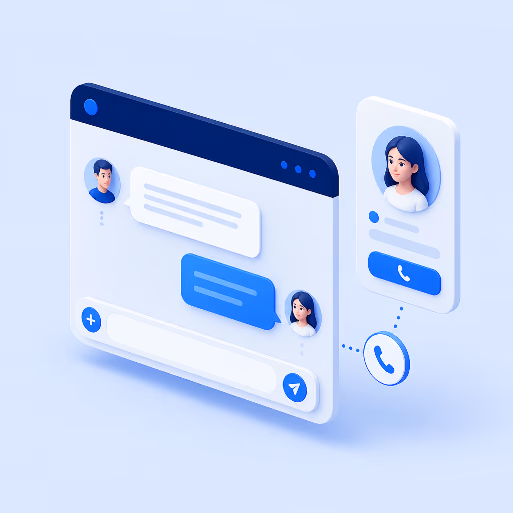 Illustration 3D d'une interface de chat avec bulles de messages et icône d'appel téléphonique.