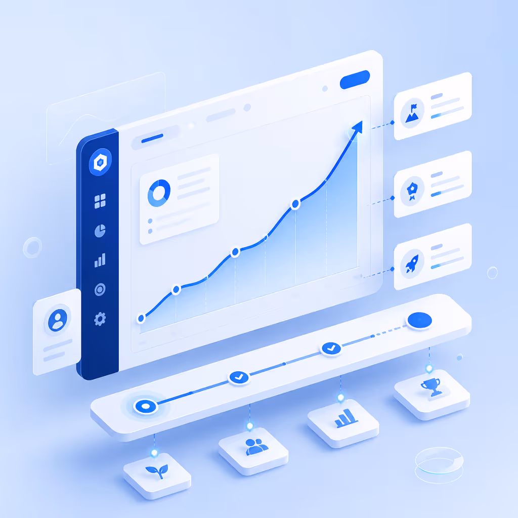 Interface d'analyse en 3D avec graphique de croissance, icônes et étapes de progression sur fond bleu clair.