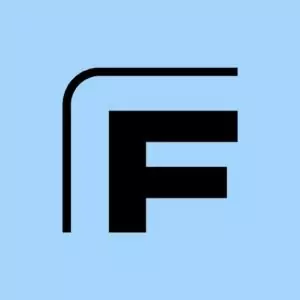 Lettre F noire stylisée sur fond bleu clair.