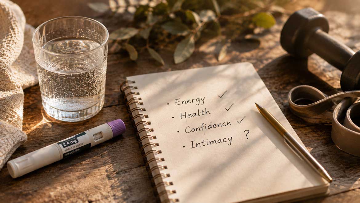 Glass of water and a white injection pen beside a notebook listing energy, health, confidence and intimacy