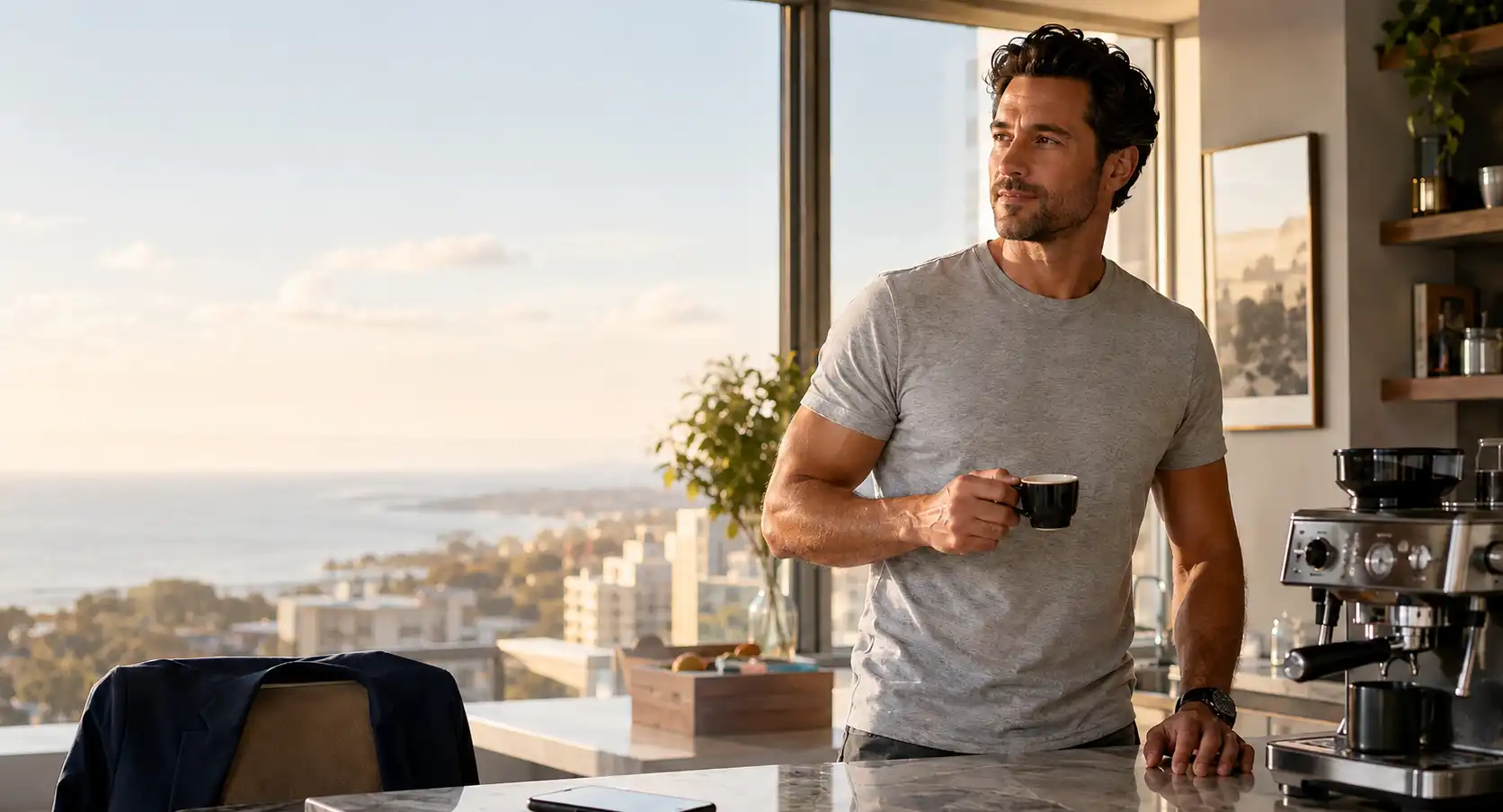 Man in a grey T-shirt holding a coffee mug by a window overlooking the sea at sunrise