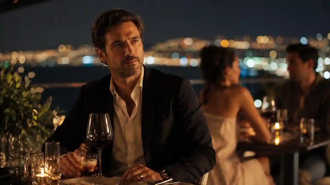 Thoughtful man seated at a candlelit rooftop dinner with wine and city lights in the background.