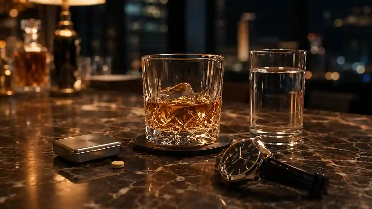Whiskey, water, a wristwatch, and a small tablet on a marble bar, illustrating alcohol and tadalafil timing.