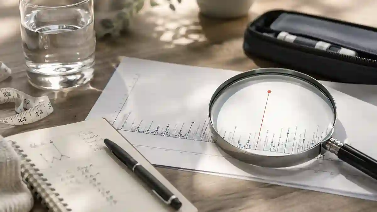 Magnifying glass over health research data with a highlighted result, measuring tape, water, and an injection pen case on a desk.