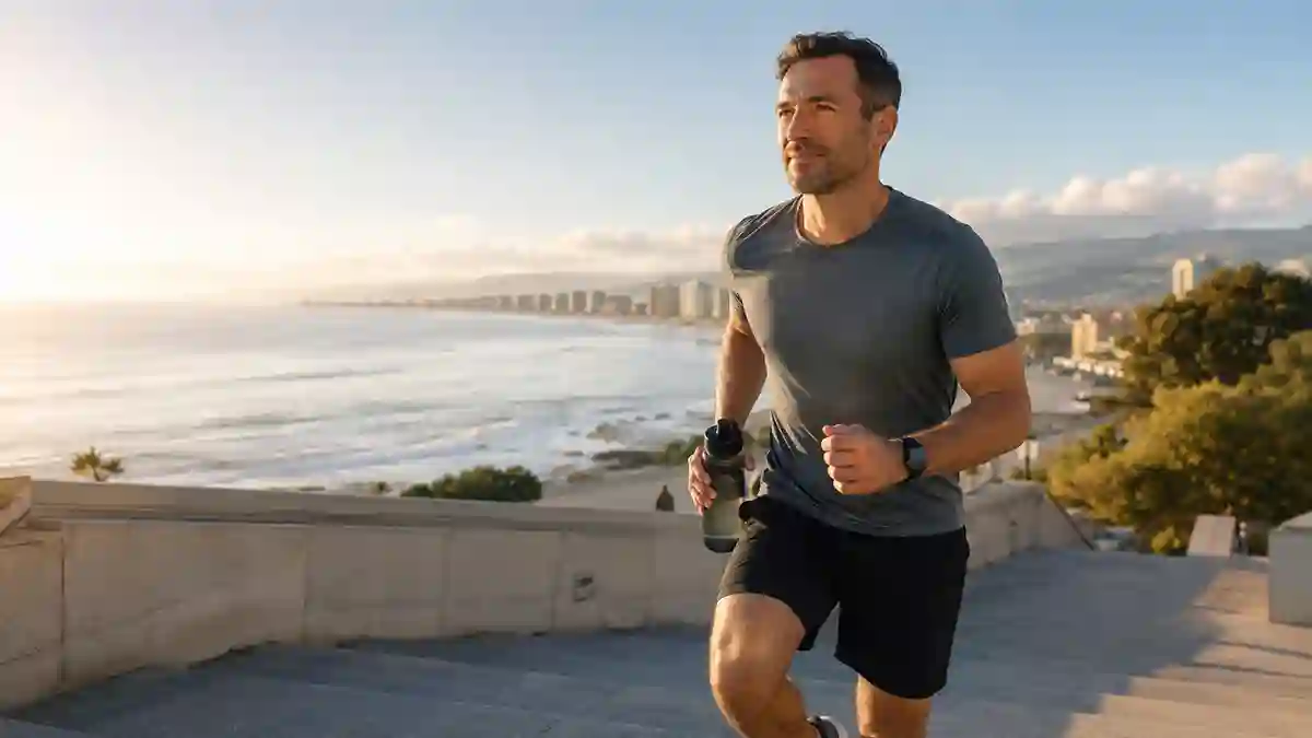Fit middle-aged man jogging up coastal steps at sunrise, representing weight loss, fitness, and testosterone health.