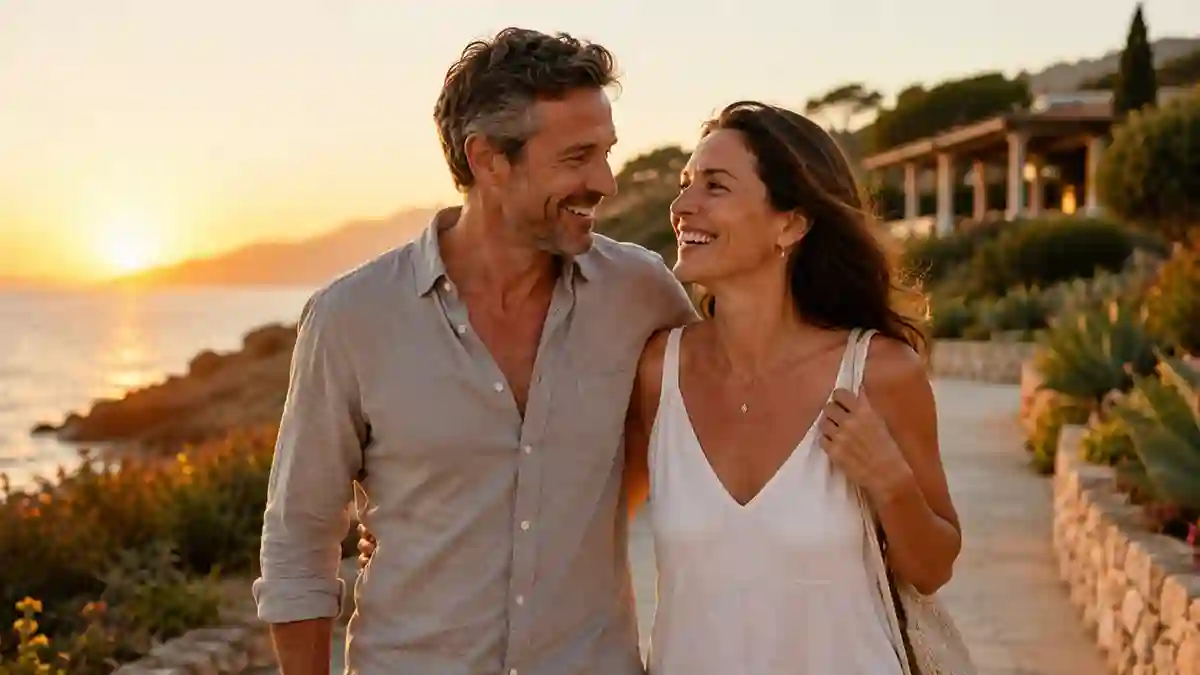 Smiling middle-aged couple walking together along a seaside path at sunset, representing improved health, confidence, and intimacy.