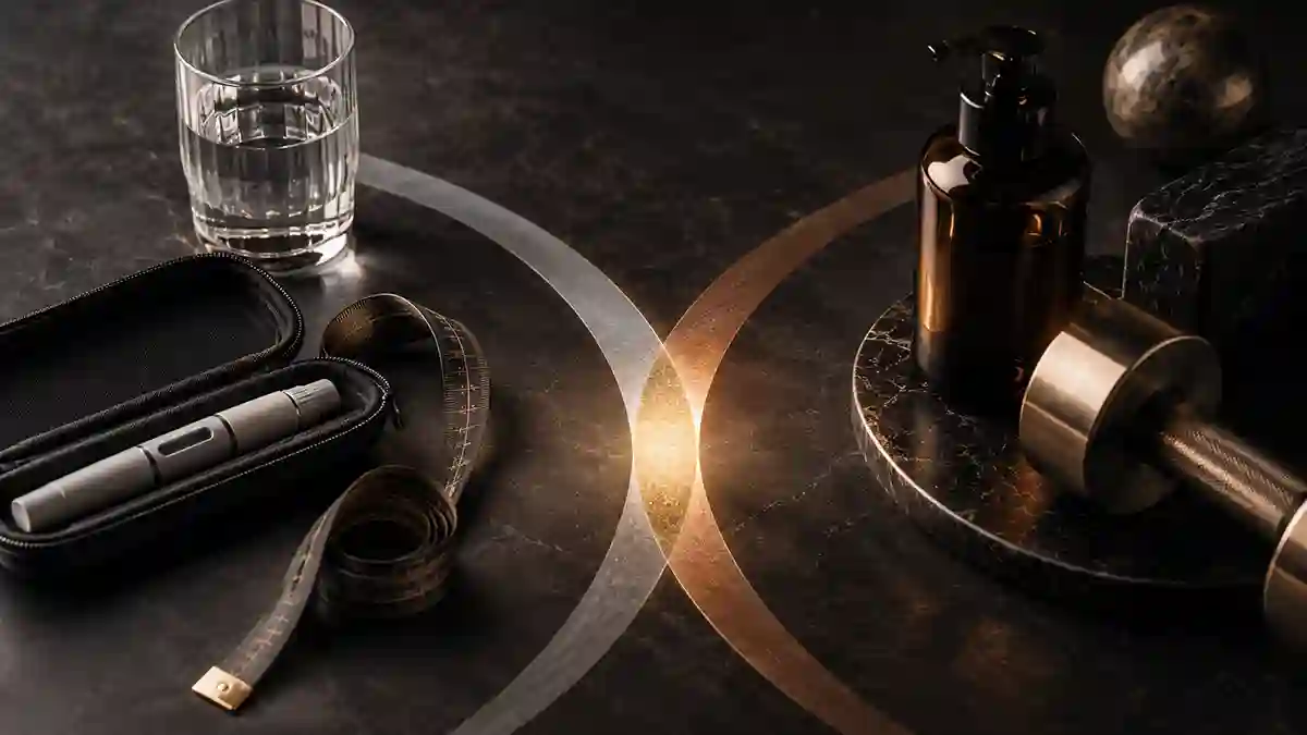 Conceptual still life showing an injection pen, measuring tape, dumbbell, and overlapping paths representing GLP-1 therapy and testosterone treatment.