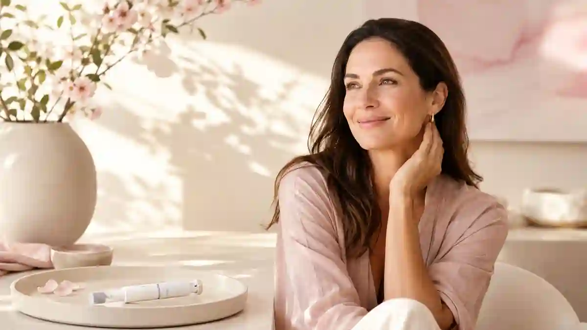 Woman in a bright, serene wellness setting beside an unbranded injection device, representing PT-141 and female sexual health.
