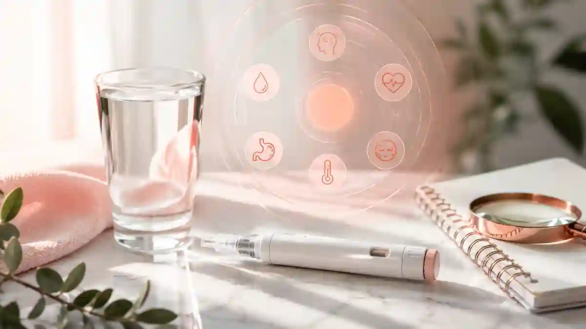 Unbranded injection device on a bright wellness table with water and subtle health icons representing PT-141 side effects and safety.