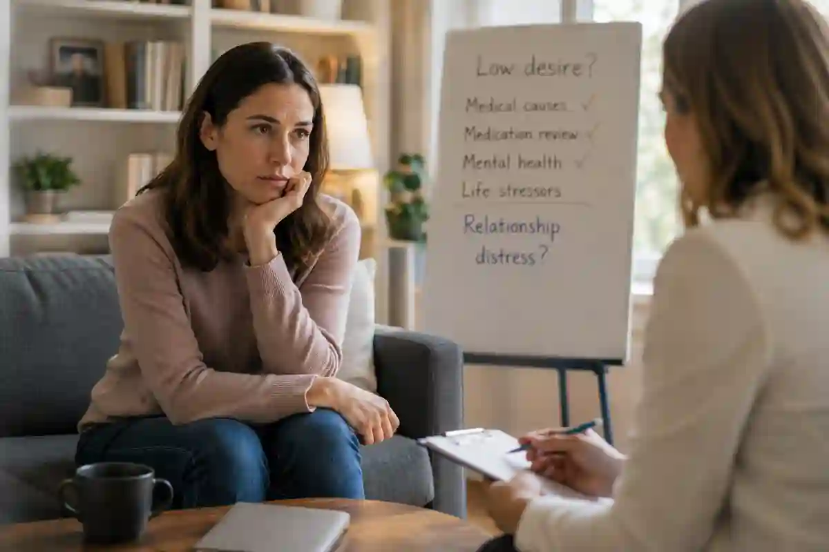 Woman discussing persistent low sexual desire and relationship concerns with a healthcare professional during a private consultation.