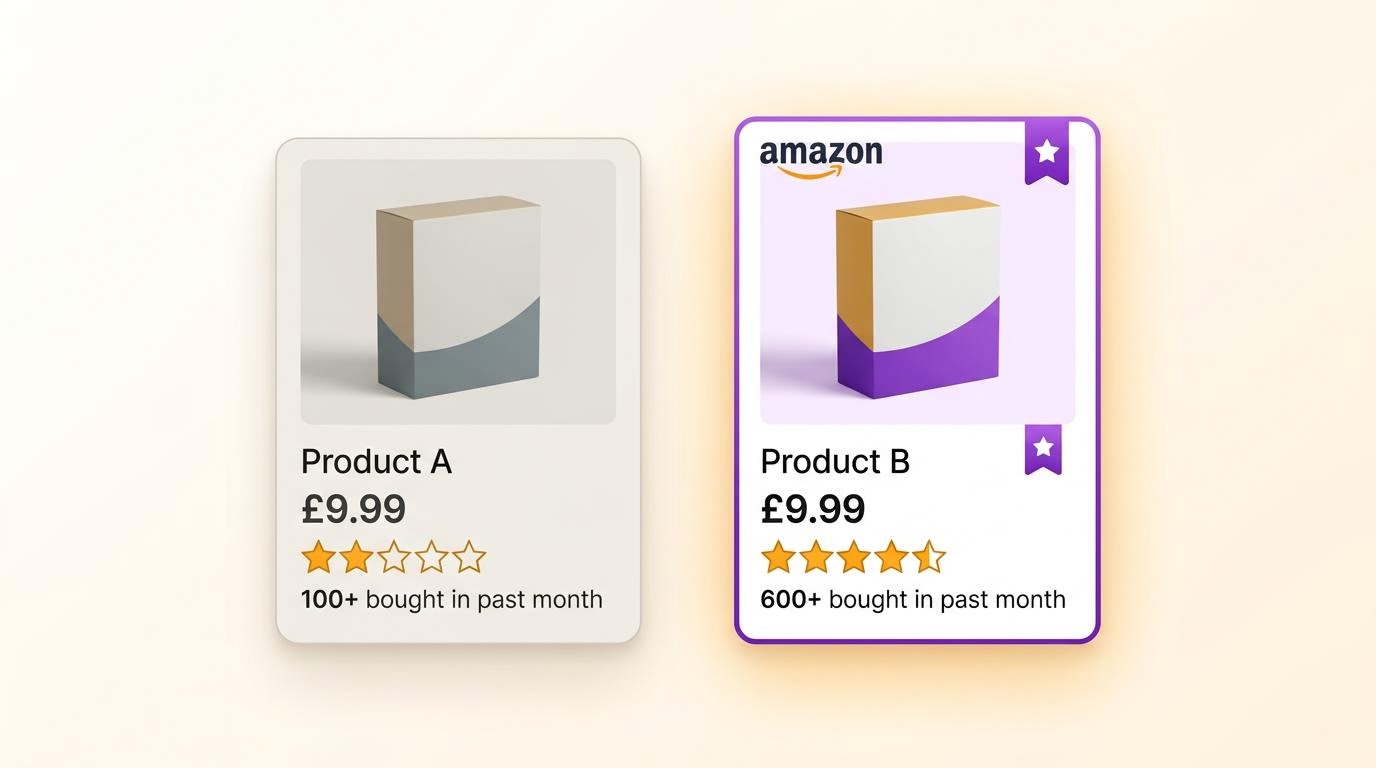 Shows the same product but one with more Amazon reviews and how that positively affects sales