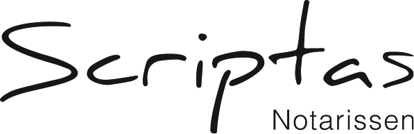 Logo met de tekst 'Scriptas Notarissen' in zwart, waarbij 'Scriptas' in een sierlijk, handgeschreven lettertype staat en 'Notarissen' in een kleiner, strak lettertype eronder.