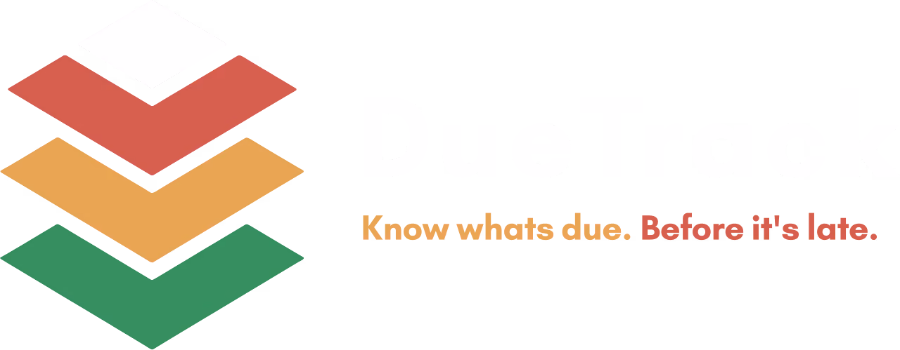 DueTrack logo with stacked diamond shapes in white, red, orange, green and text slogan.
