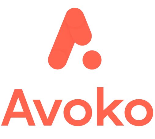 Red abstract geometric symbol above the word Avoko in red text on a white background.